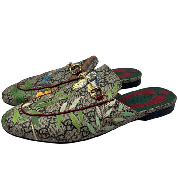Gucci Princetown Tian GG Canvas Horsebit Mules Floral Bird Slip-On Designer 39.5 - Picture 1 of 12